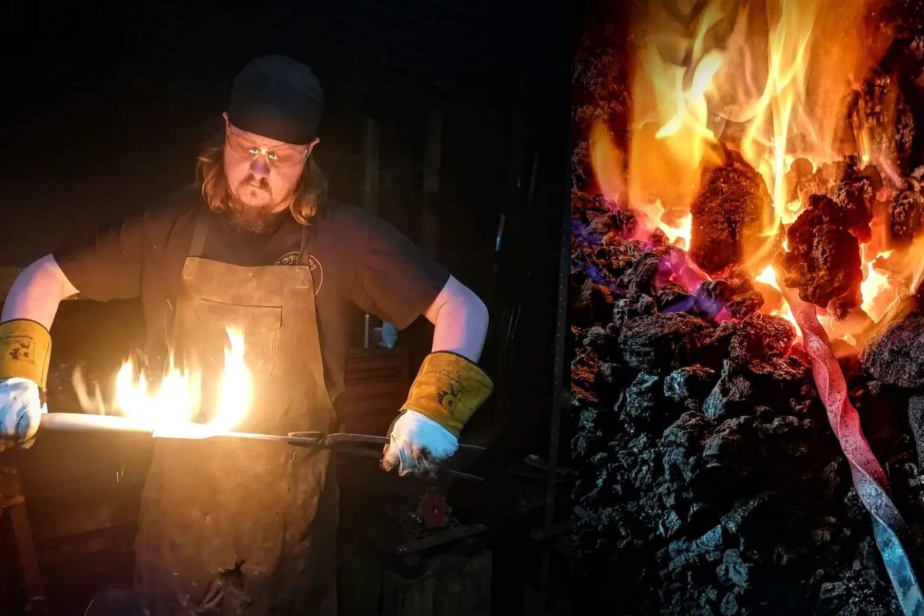 A blacksmith makes a metal spatula with fire on the left. On the right, a metal rod rests in the fire.