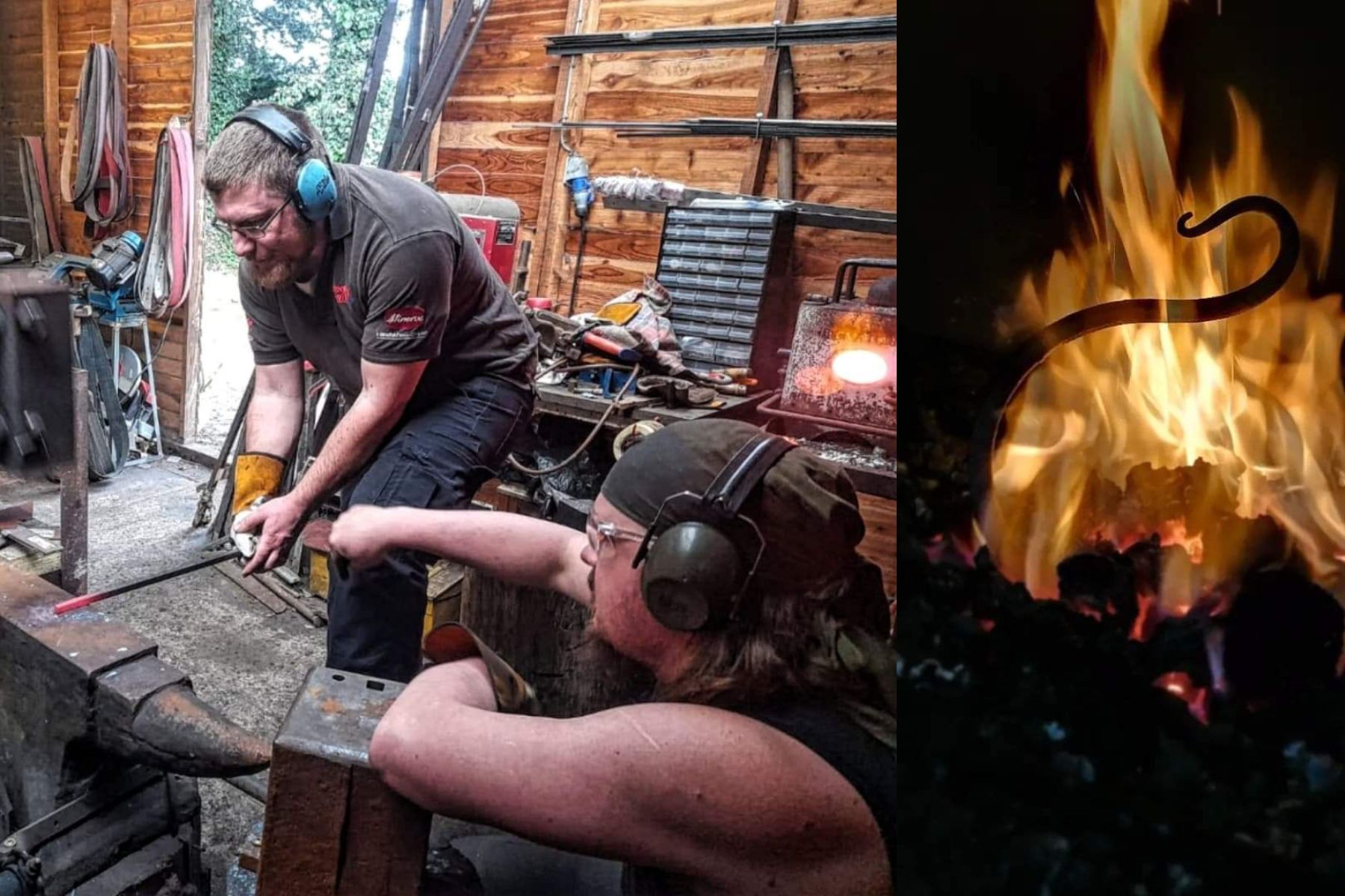 On the left, a man shapes a hot metal rod on an anvil. On the right, the metal rod is held over the fire.